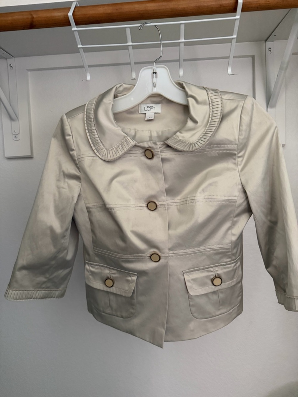 LOFT Womens Cream Satin Blazer with Ruffle Collar